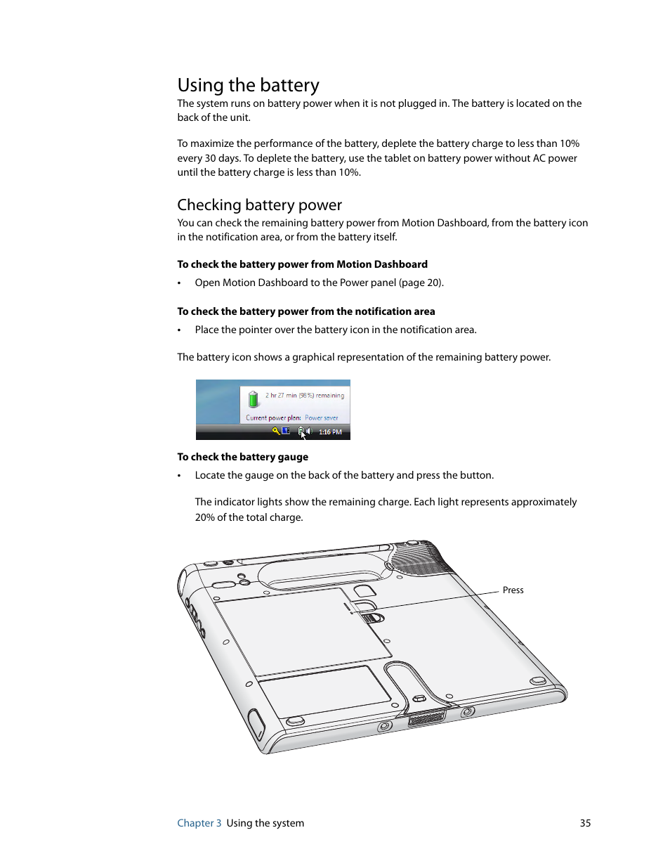 Using the battery, Checking battery power | Motion Computing MOTION C5 User Manual | Page 43 / 86