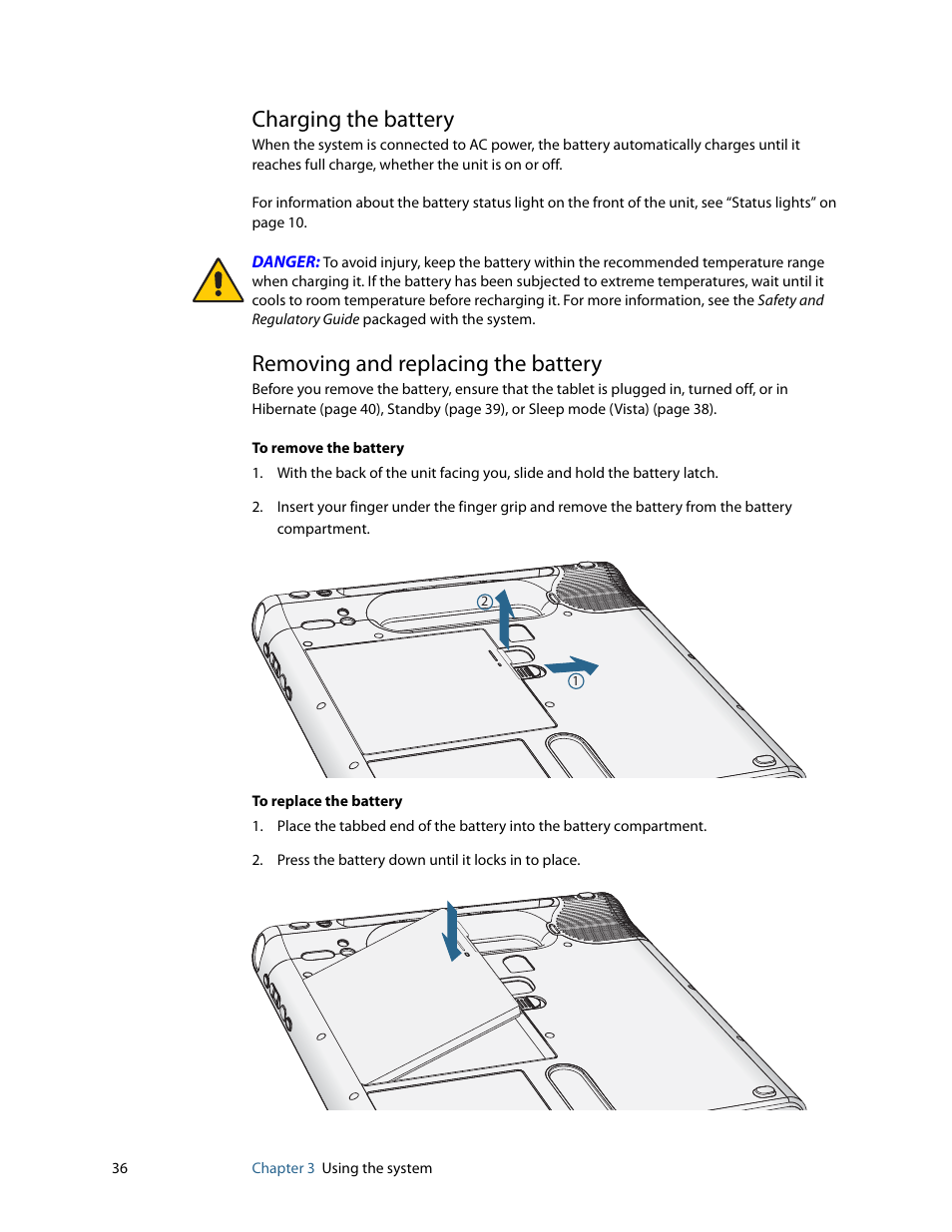 Charging the battery, Removing and replacing the battery | Motion Computing MOTION C5 User Manual | Page 44 / 86