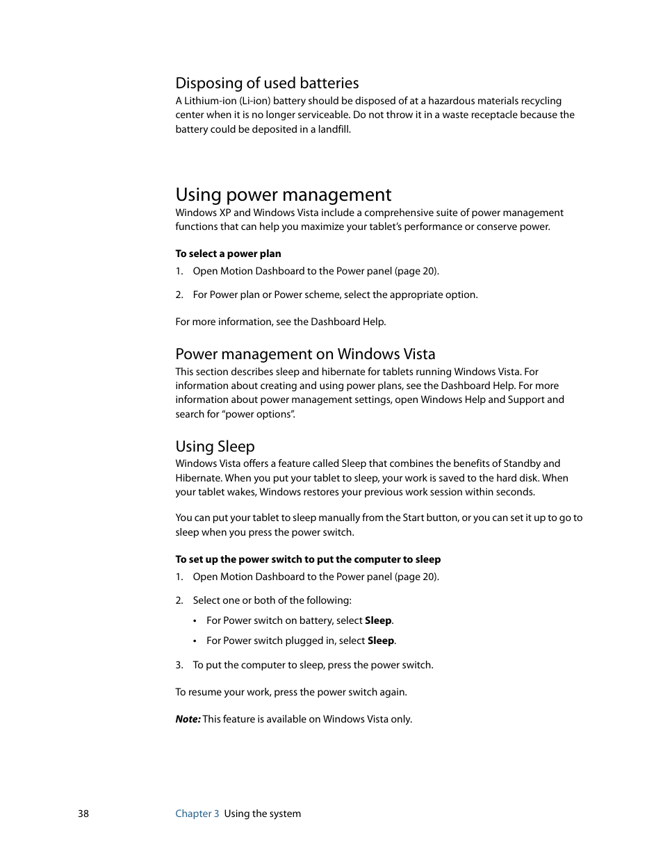 Disposing of used batteries, Using power management, Power management on windows vista | Using sleep, Power management on windows vista using sleep | Motion Computing MOTION C5 User Manual | Page 46 / 86