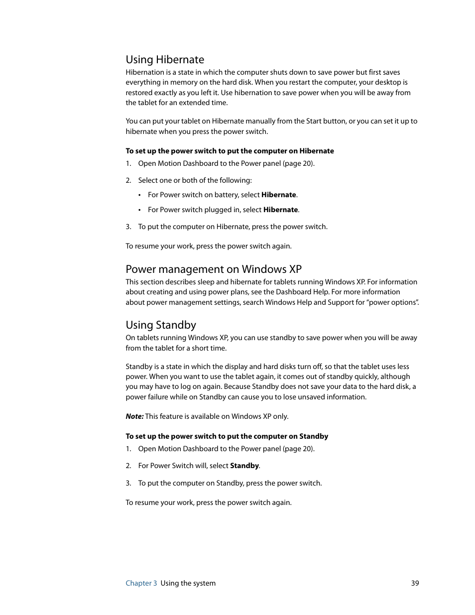 Using hibernate, Power management on windows xp, Using standby | Motion Computing MOTION C5 User Manual | Page 47 / 86