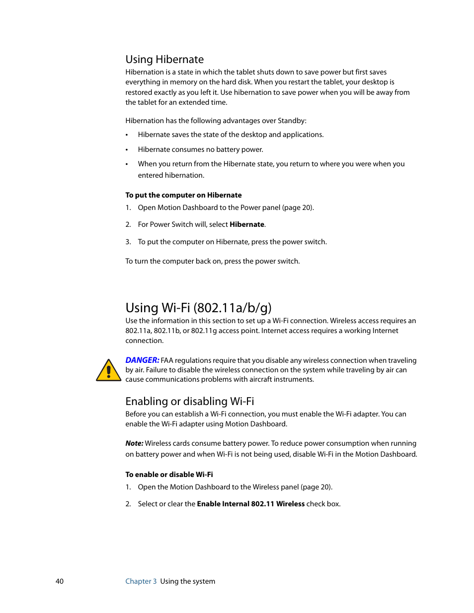 Using hibernate, Using wi-fi (802.11a/b/g), Enabling or disabling wi-fi | Motion Computing MOTION C5 User Manual | Page 48 / 86
