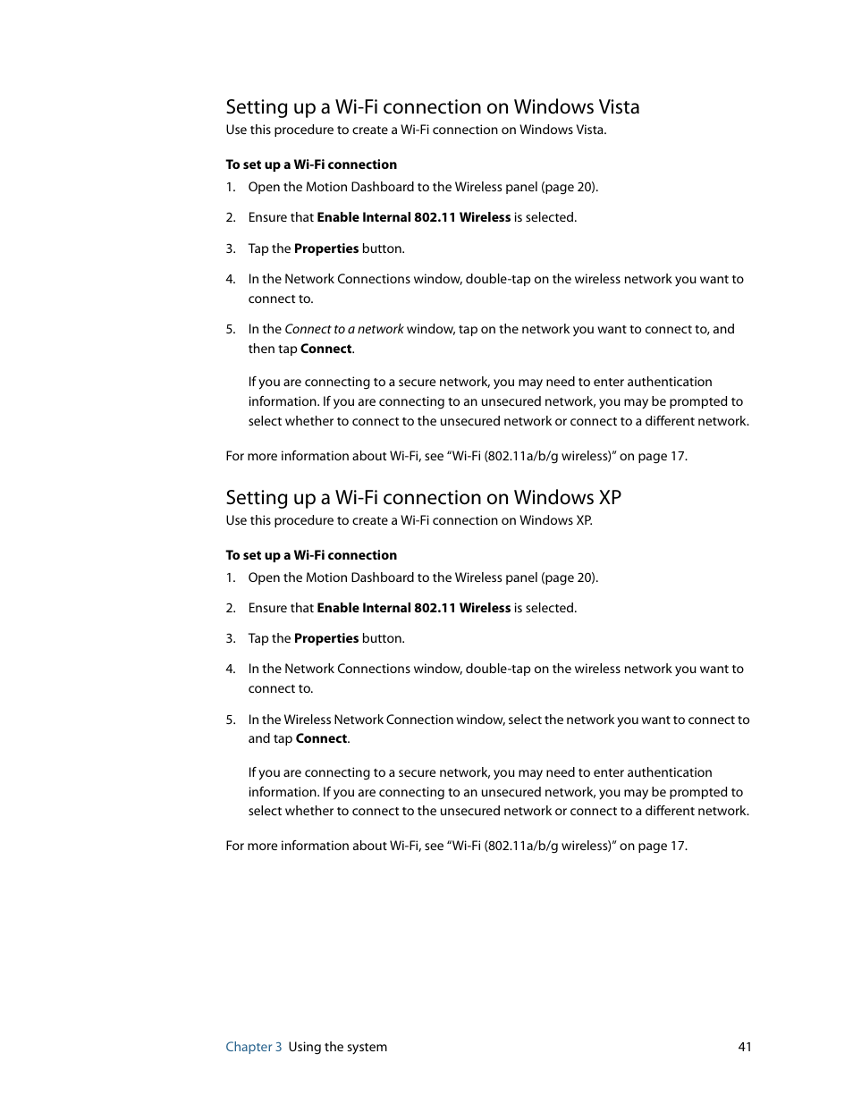 Setting up a wi-fi connection on windows vista, Setting up a wi-fi connection on windows xp | Motion Computing MOTION C5 User Manual | Page 49 / 86