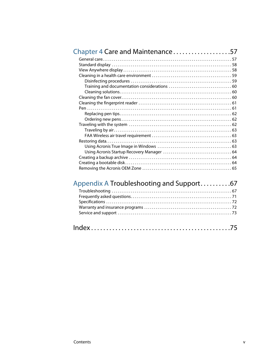 Chapter 4 care and maintenance 57, Chapter 4 care and maintenance, Appendix a troubleshooting and support | Index | Motion Computing MOTION C5 User Manual | Page 5 / 86