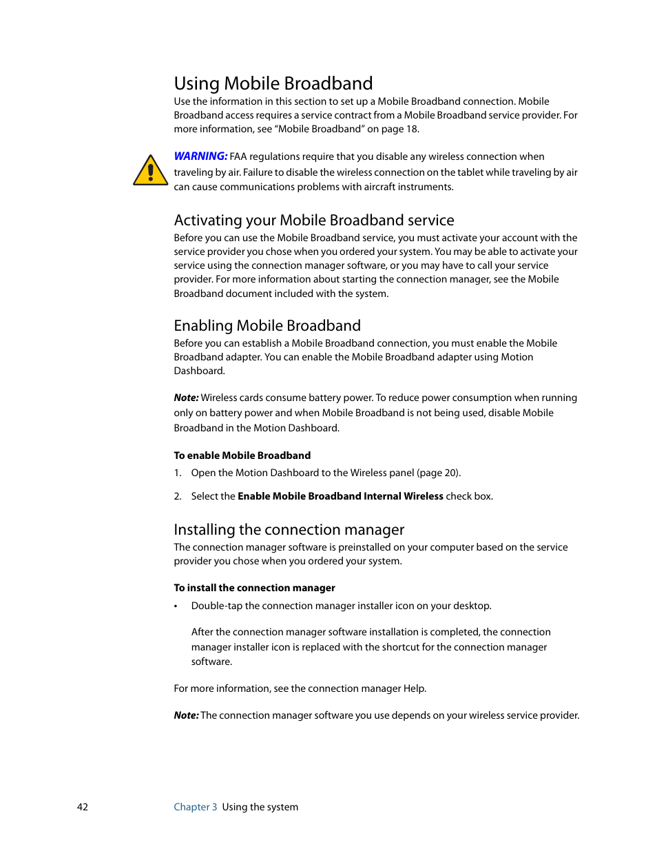 Using mobile broadband, Activating your mobile broadband service, Enabling mobile broadband | Installing the connection manager, Using broadband wireless | Motion Computing MOTION C5 User Manual | Page 50 / 86