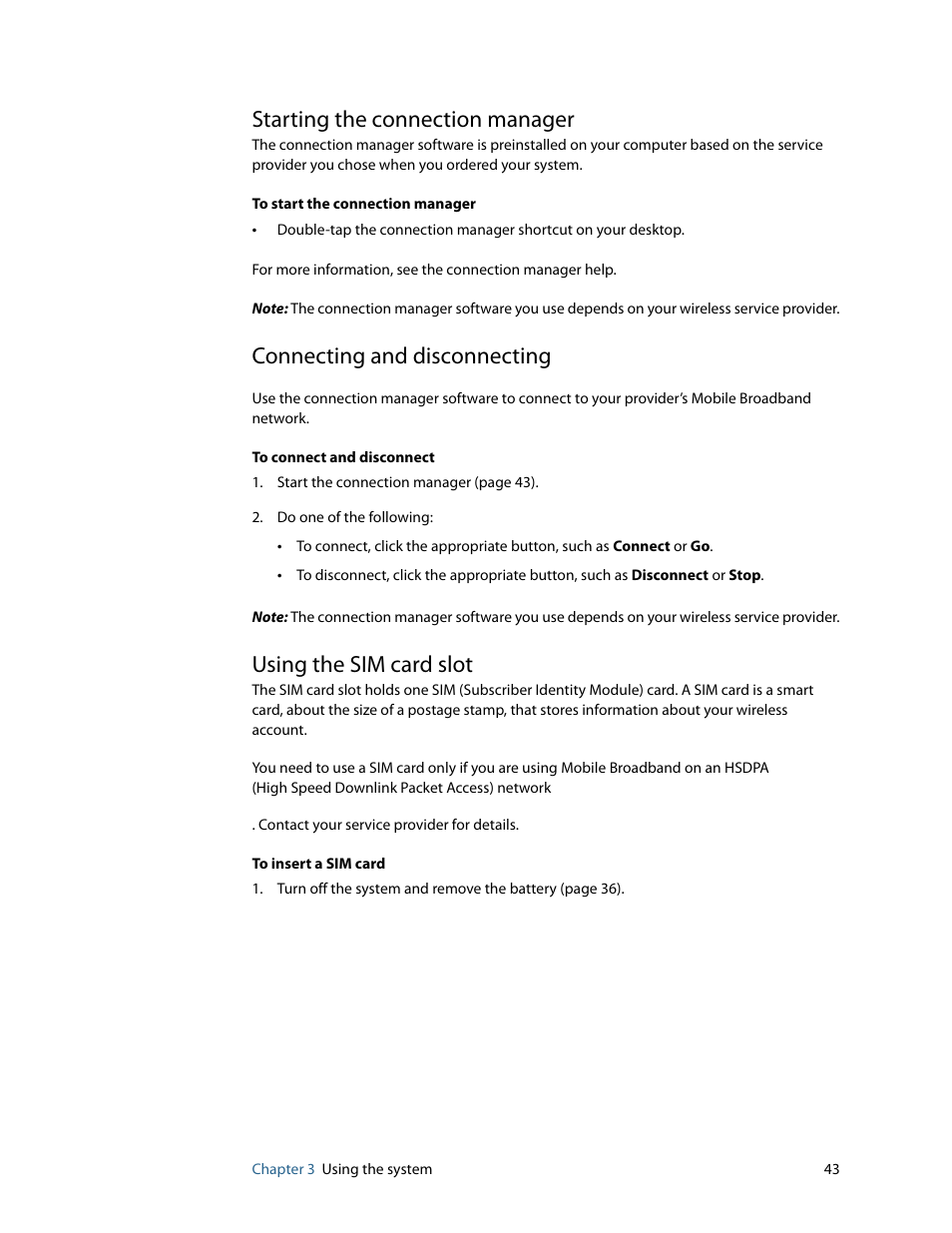 Starting the connection manager, Connecting and disconnecting, Using the sim card slot | Motion Computing MOTION C5 User Manual | Page 51 / 86