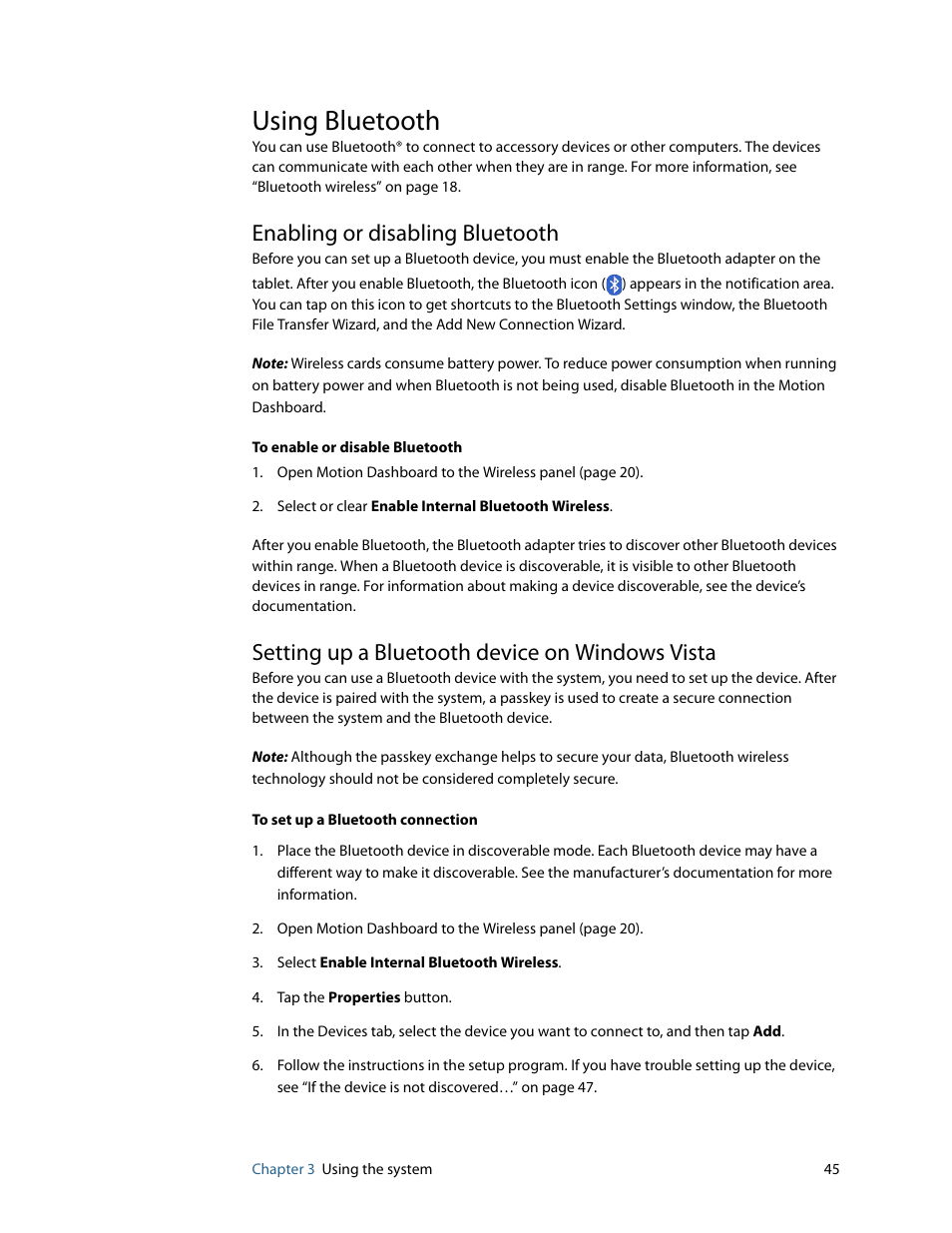 Using bluetooth, Enabling or disabling bluetooth, Setting up a bluetooth device on windows vista | Motion Computing MOTION C5 User Manual | Page 53 / 86