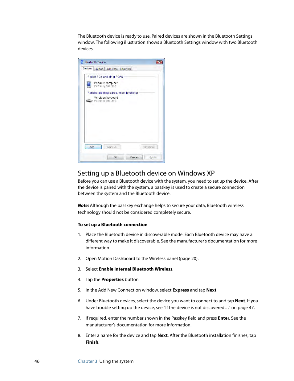 Setting up a bluetooth device on windows xp | Motion Computing MOTION C5 User Manual | Page 54 / 86