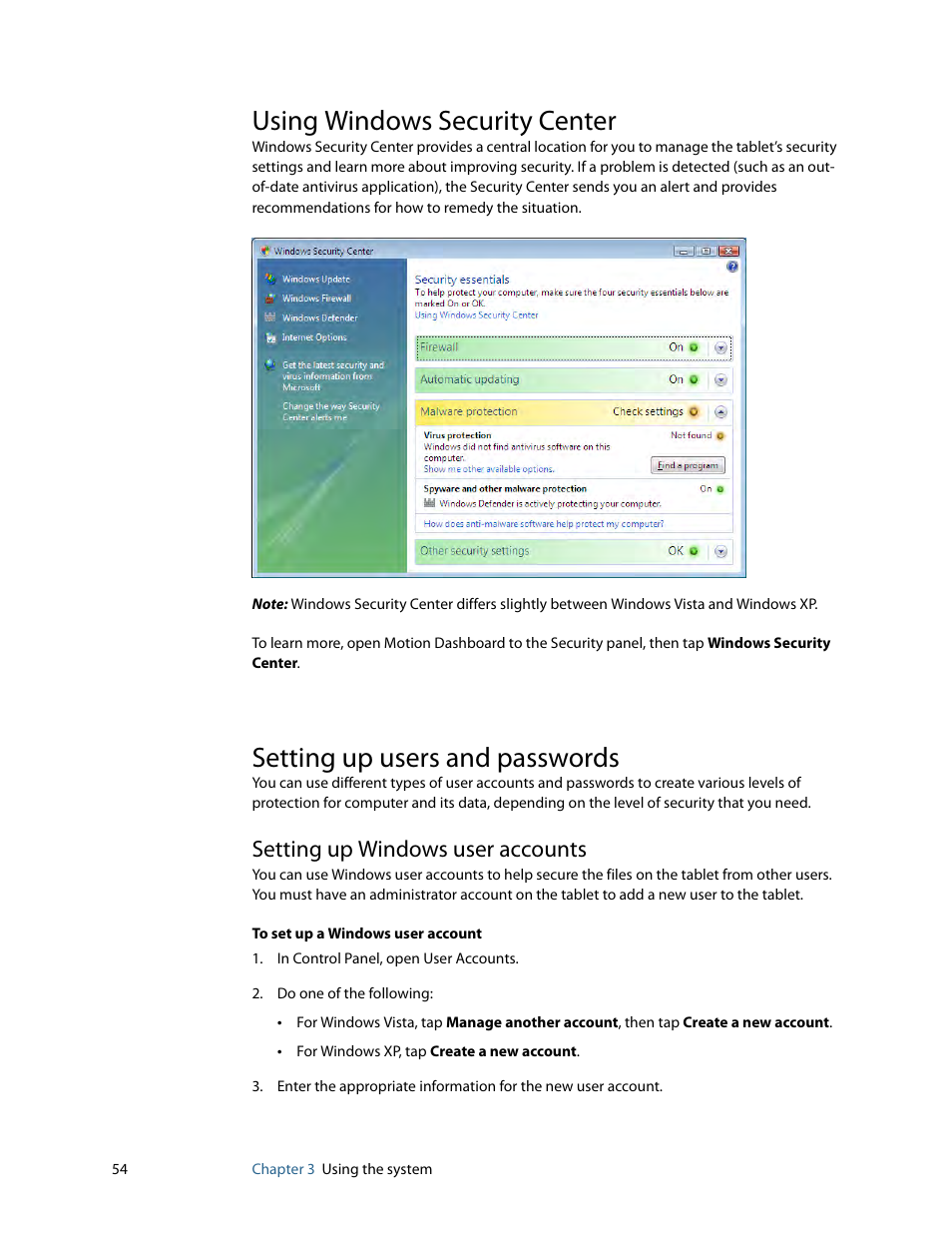 Using windows security center, Setting up users and passwords, Setting up windows user accounts | Motion Computing MOTION C5 User Manual | Page 62 / 86