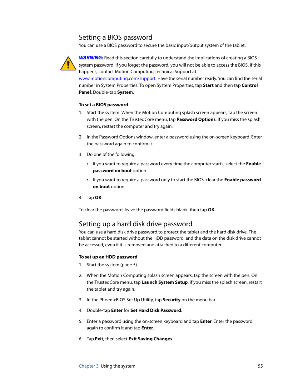 Setting a bios password, Setting up a hard disk drive password | Motion Computing MOTION C5 User Manual | Page 63 / 86