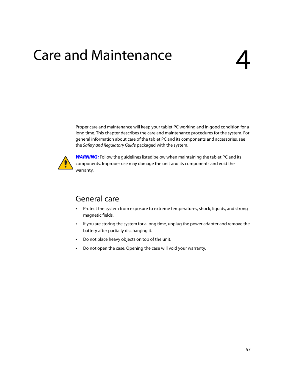 Care and maintenance, General care, Chapter 4 | Motion Computing MOTION C5 User Manual | Page 65 / 86