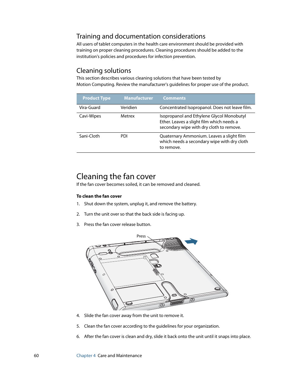 Training and documentation considerations, Cleaning solutions, Cleaning the fan cover | Motion Computing MOTION C5 User Manual | Page 68 / 86