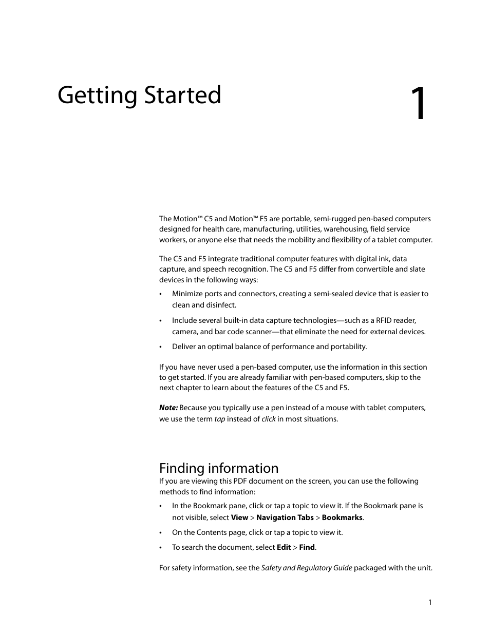 Getting started, Finding information, Chapter 1 | Motion Computing MOTION C5 User Manual | Page 7 / 86