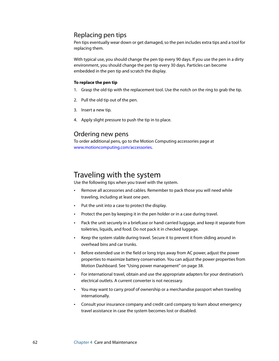 Replacing pen tips, Ordering new pens, Traveling with the system | Replacing pen tips ordering new pens | Motion Computing MOTION C5 User Manual | Page 70 / 86