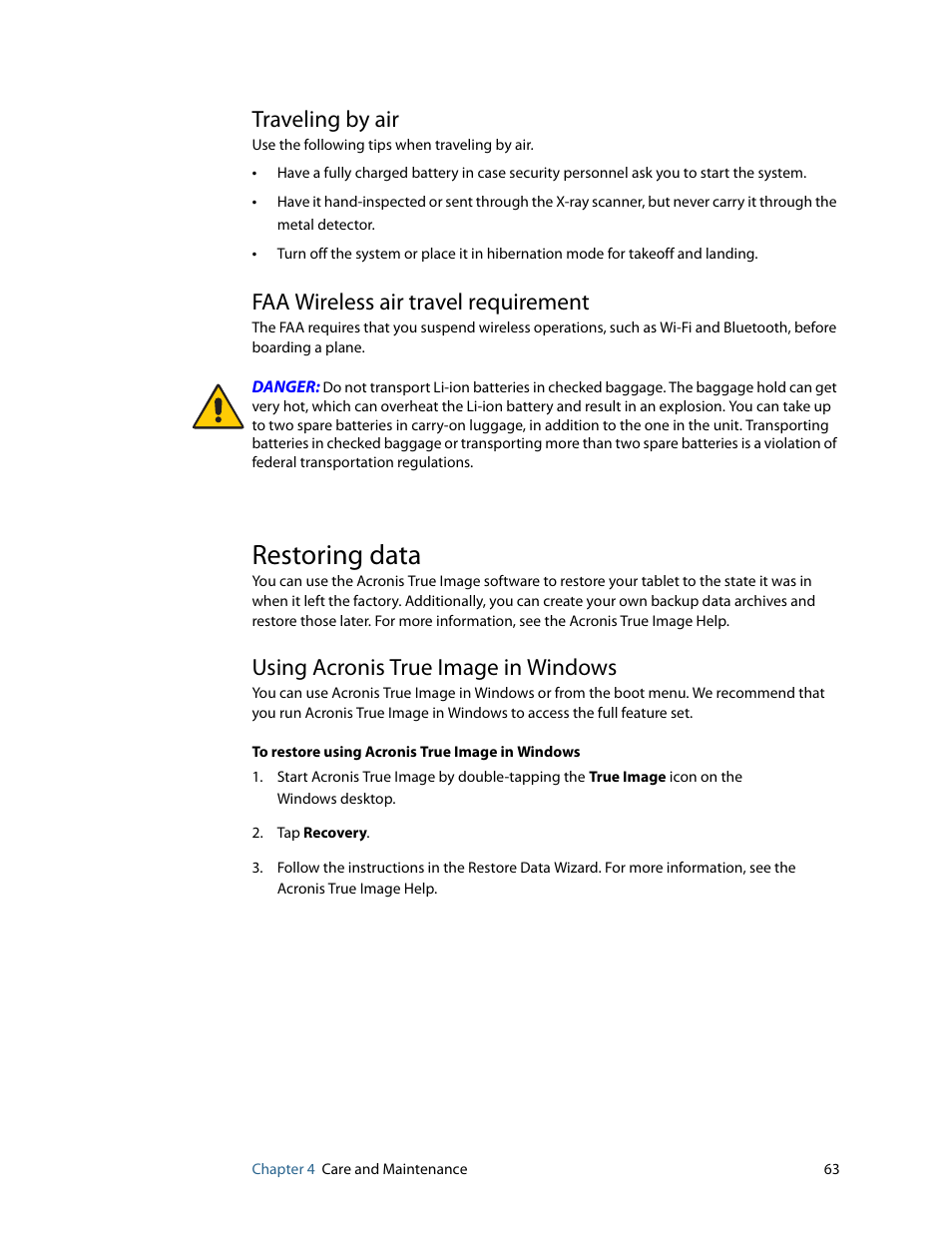 Traveling by air, Faa wireless air travel requirement, Restoring data | Using acronis true image in windows | Motion Computing MOTION C5 User Manual | Page 71 / 86
