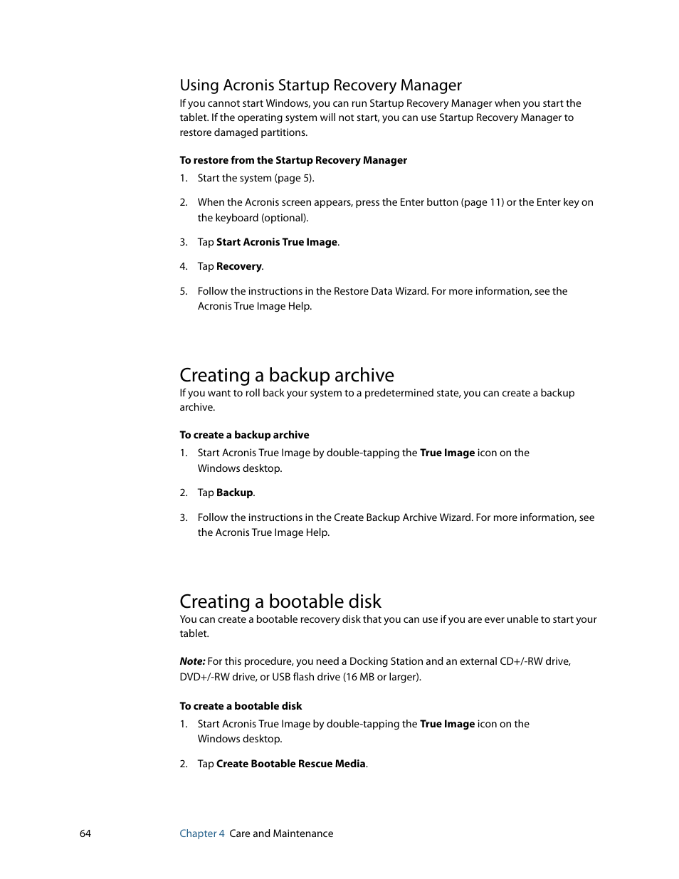 Using acronis startup recovery manager, Creating a backup archive, Creating a bootable disk | Creating a backup archive creating a bootable disk | Motion Computing MOTION C5 User Manual | Page 72 / 86