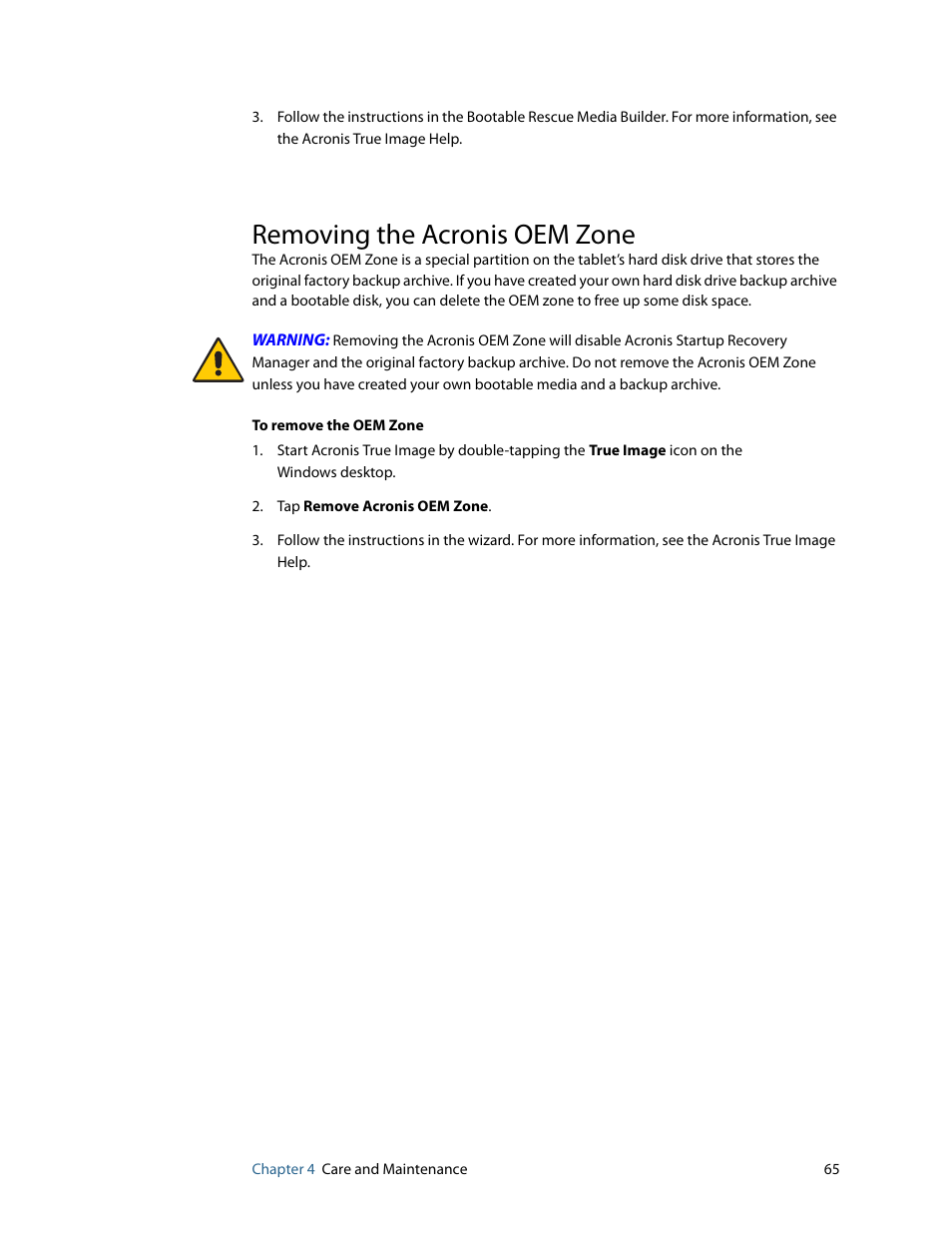 Removing the acronis oem zone | Motion Computing MOTION C5 User Manual | Page 73 / 86