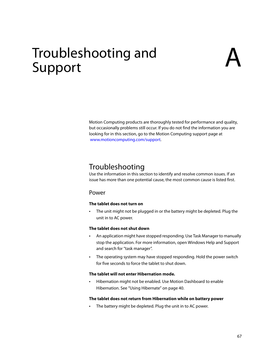 Troubleshooting and support, Troubleshooting, Appendix a | Motion Computing MOTION C5 User Manual | Page 75 / 86