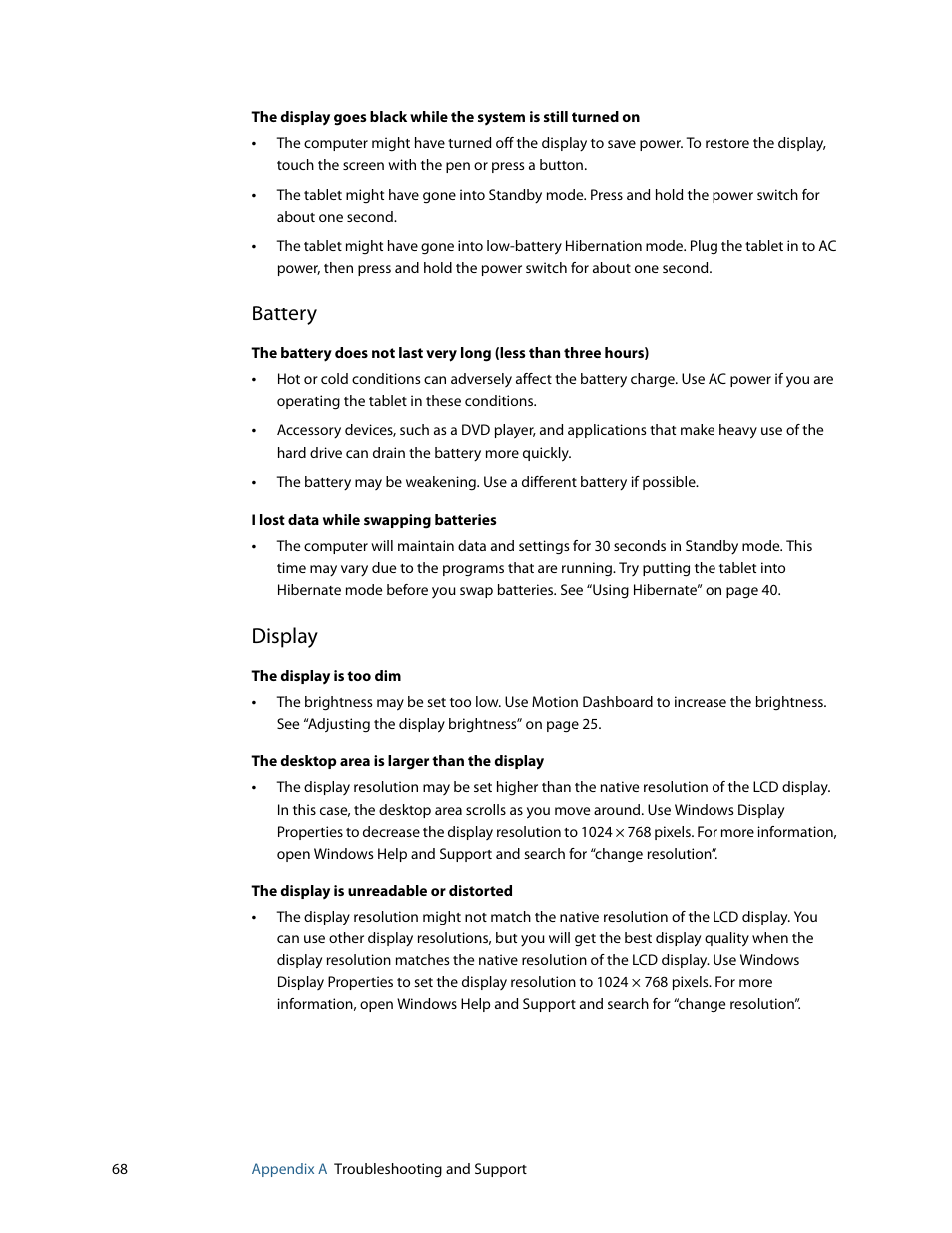Battery, Display | Motion Computing MOTION C5 User Manual | Page 76 / 86
