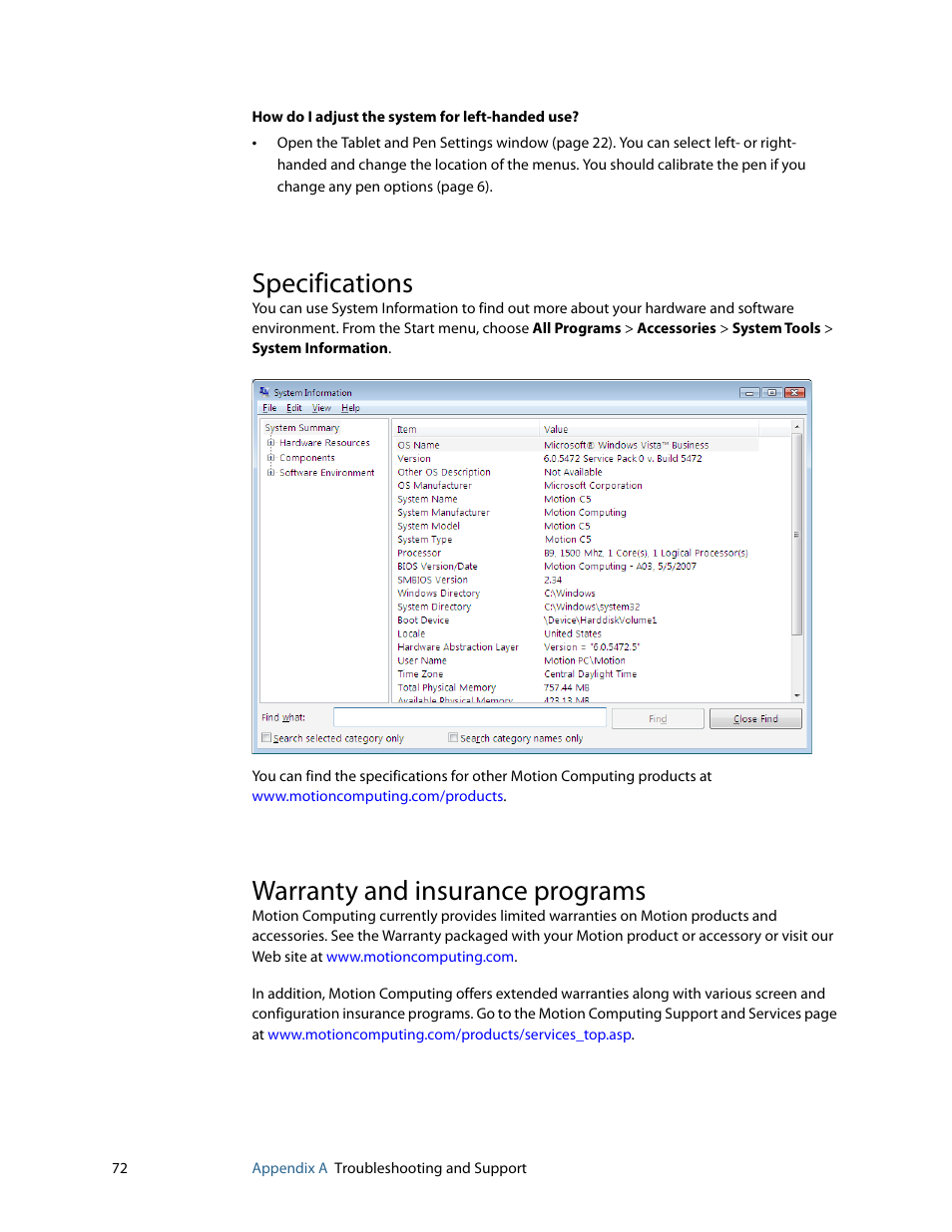 Specifications, Warranty and insurance programs, Specifications warranty and insurance programs | Motion Computing MOTION C5 User Manual | Page 80 / 86