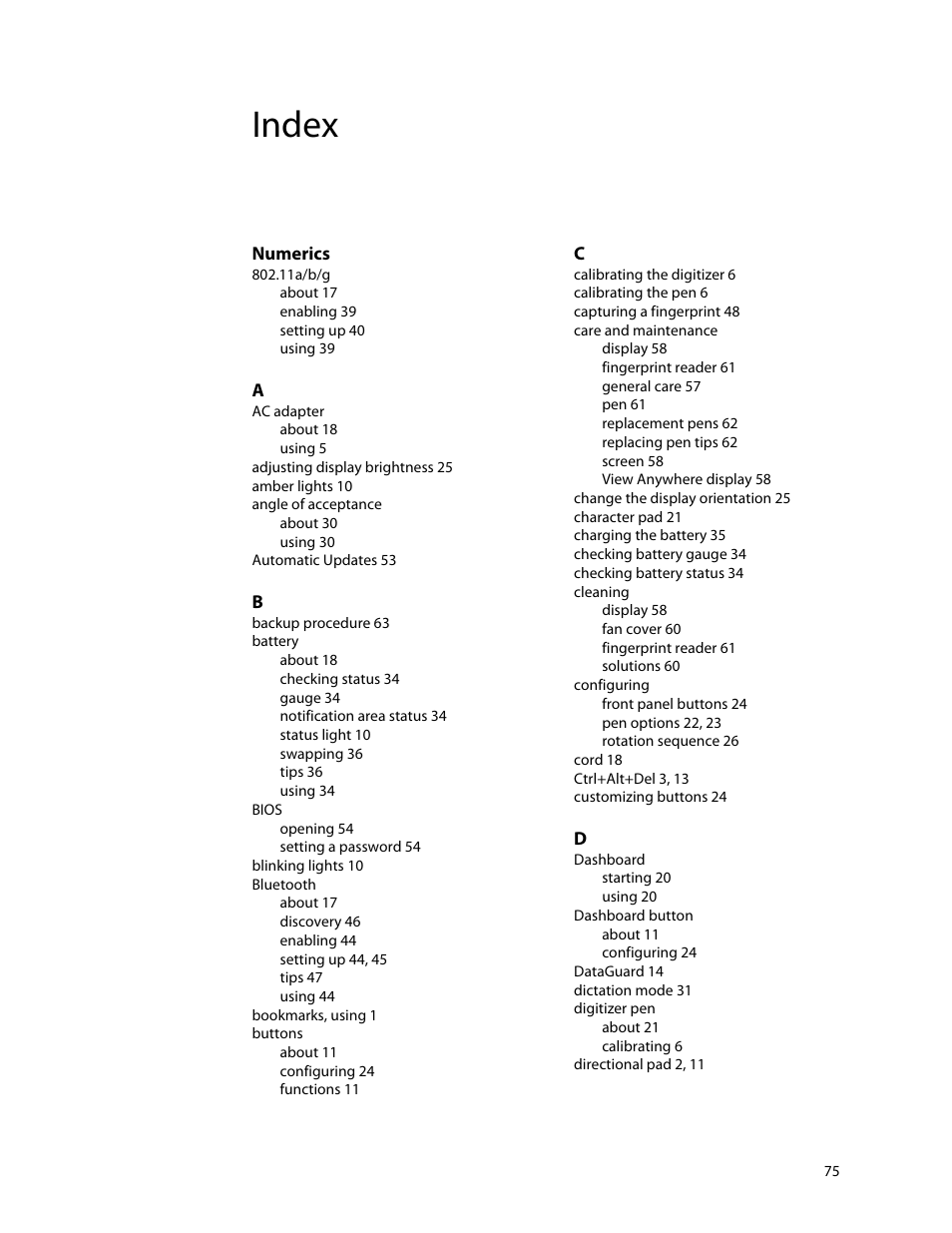 Index, Numerics | Motion Computing MOTION C5 User Manual | Page 83 / 86