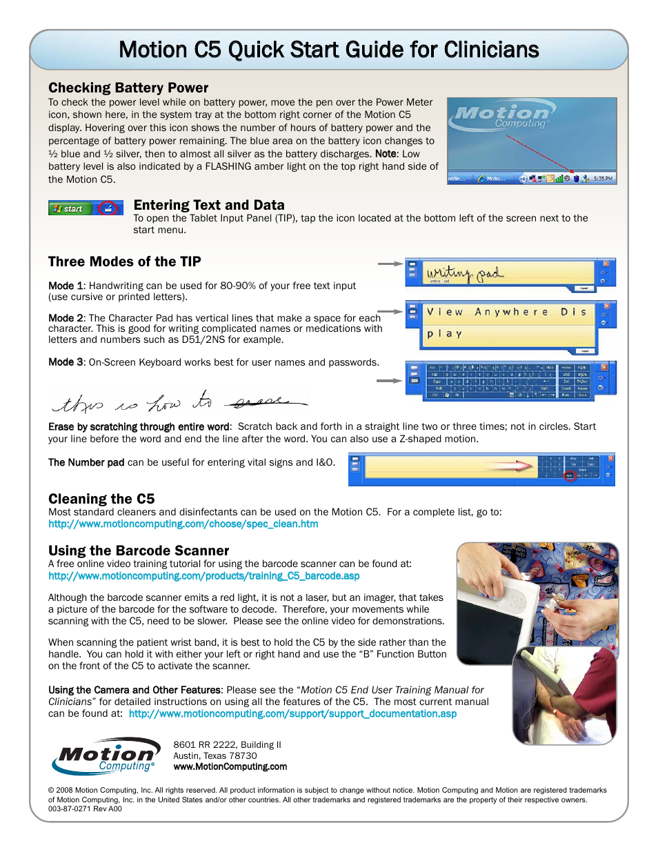 Checking battery power, Entering text and data, Three modes of the tip | Cleaning the c5, Using the barcode scanner | Motion Computing Tablet PC Pen Motion C5 User Manual | Page 2 / 2