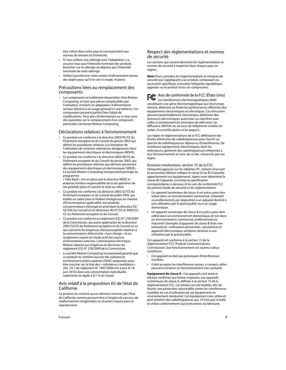 Précautions liées au remplacement des composants, Déclarations relatives à l’environnement, Respect des réglementations et normes de sécurité | Motion Computing FWS-DS1 User Manual | Page 10 / 33