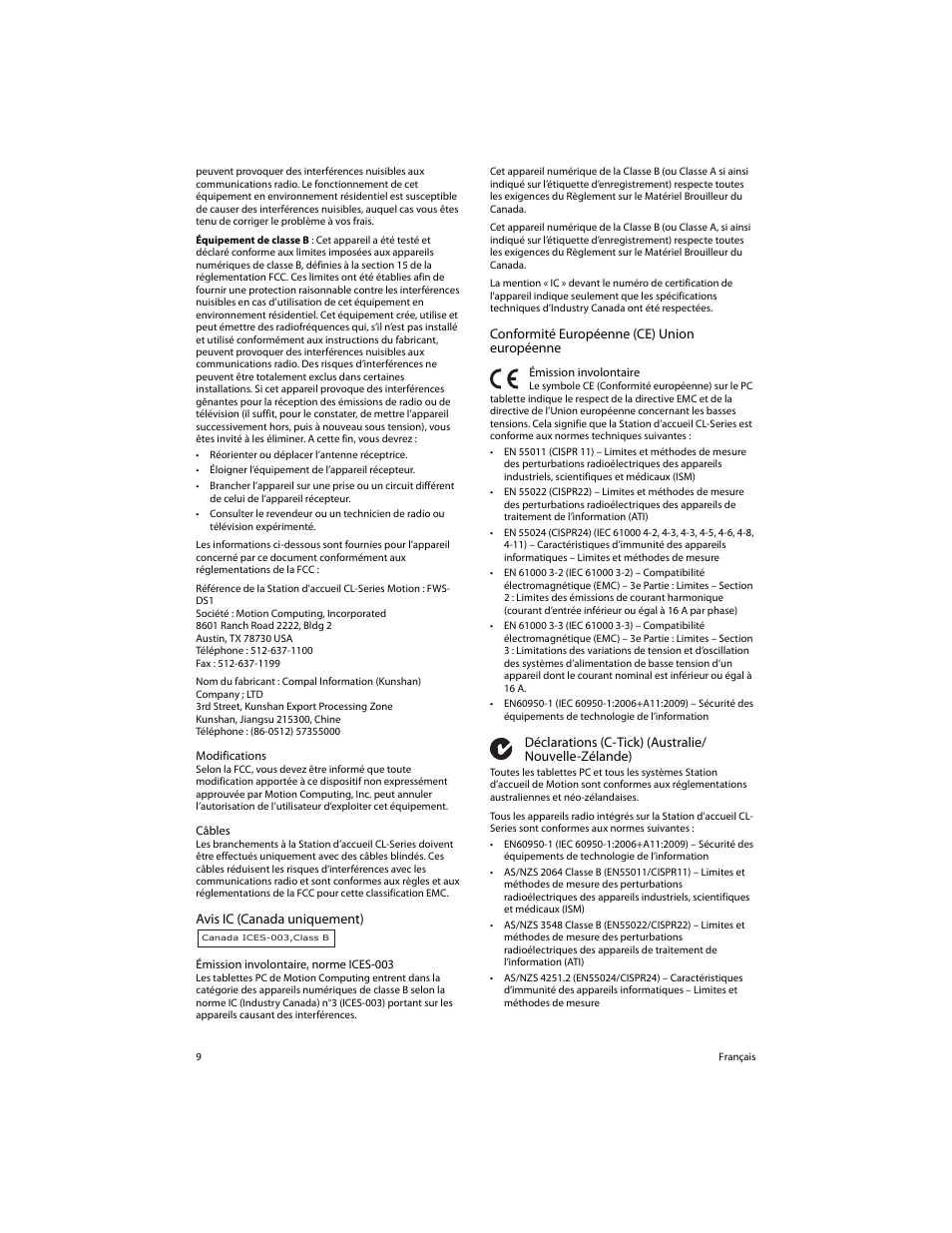 Avis ic (canada uniquement), Conformité européenne (ce) union européenne | Motion Computing FWS-DS1 User Manual | Page 11 / 33