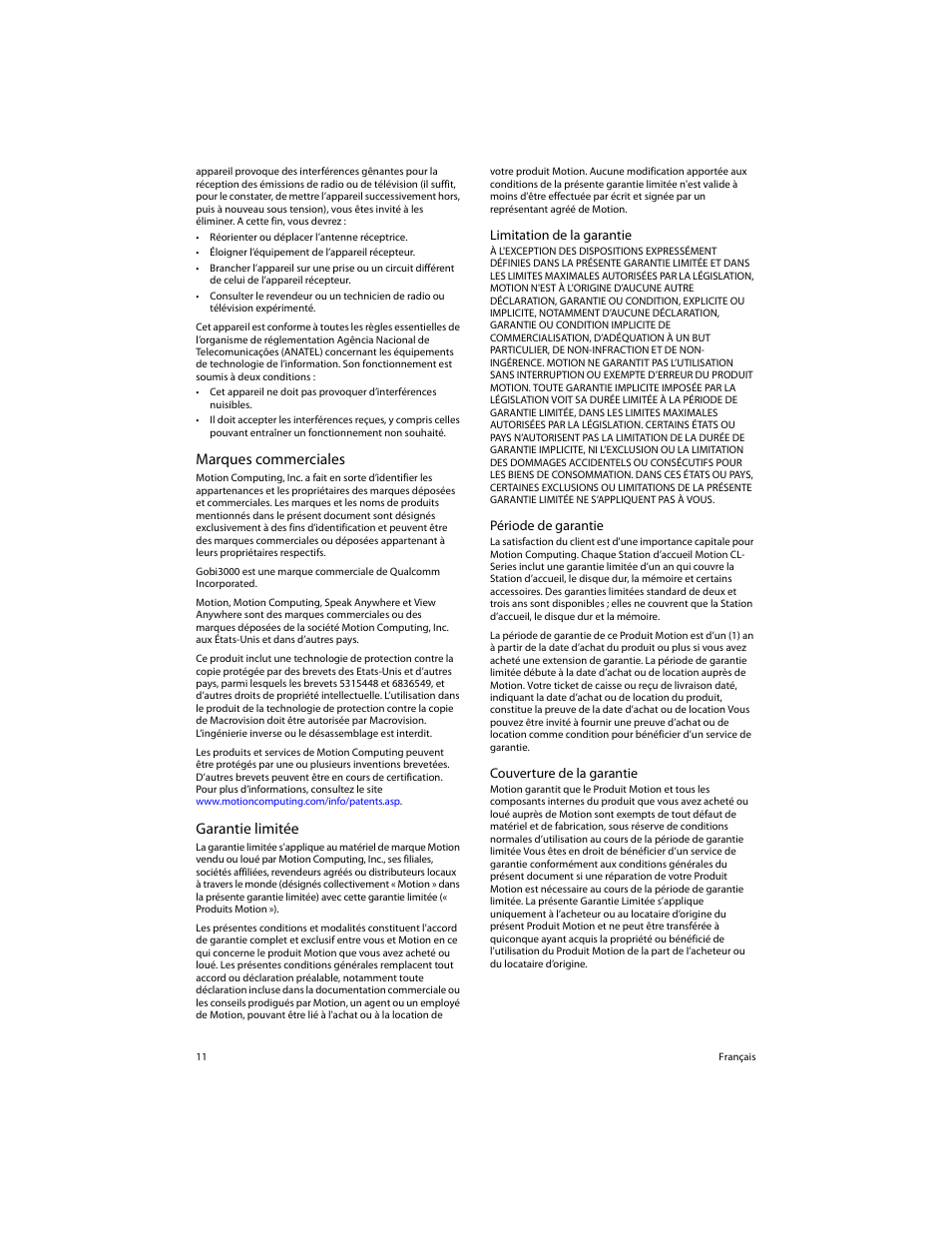Marques commerciales, Garantie limitée, Marques commerciales garantie limitée | Motion Computing FWS-DS1 User Manual | Page 13 / 33