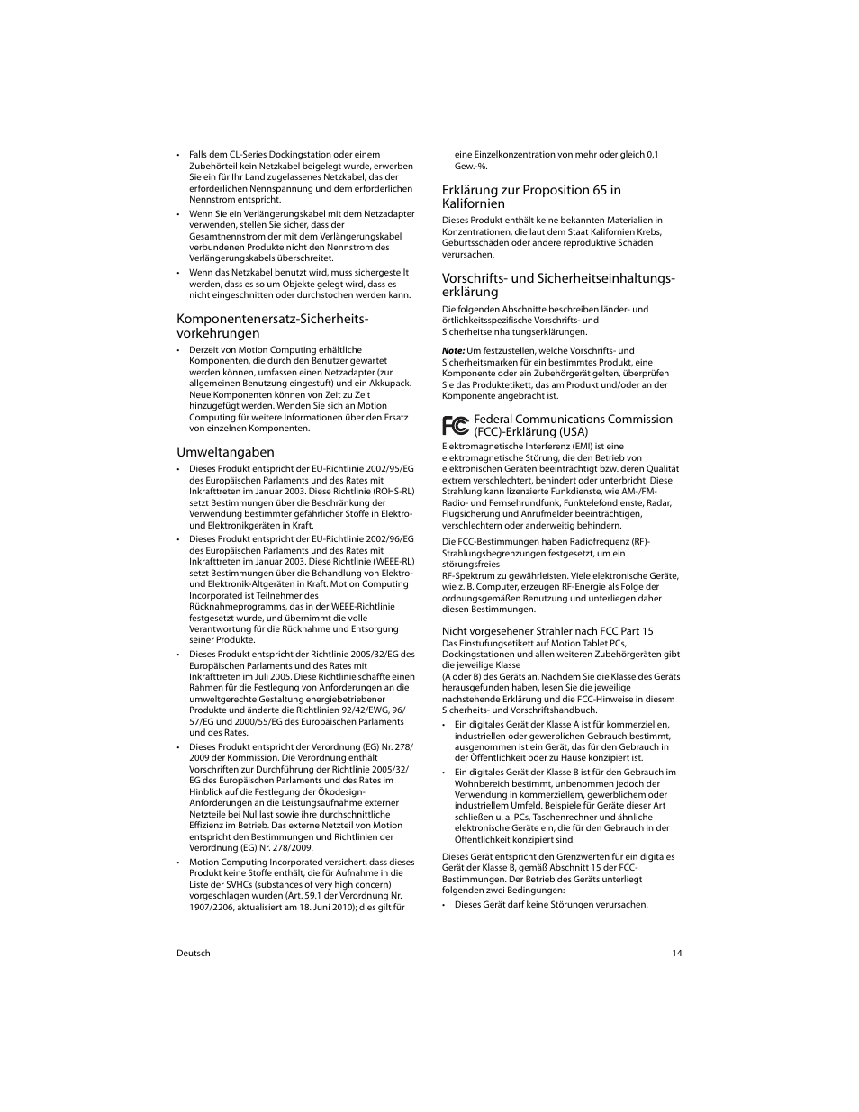 Komponentenersatz-sicherheits- vorkehrungen, Umweltangaben, Erklärung zur proposition 65 in kalifornien | Vorschrifts- und sicherheitseinhaltungs- erklärung, Vorschrifts- und sicherheitseinhaltungs-erklärung | Motion Computing FWS-DS1 User Manual | Page 16 / 33