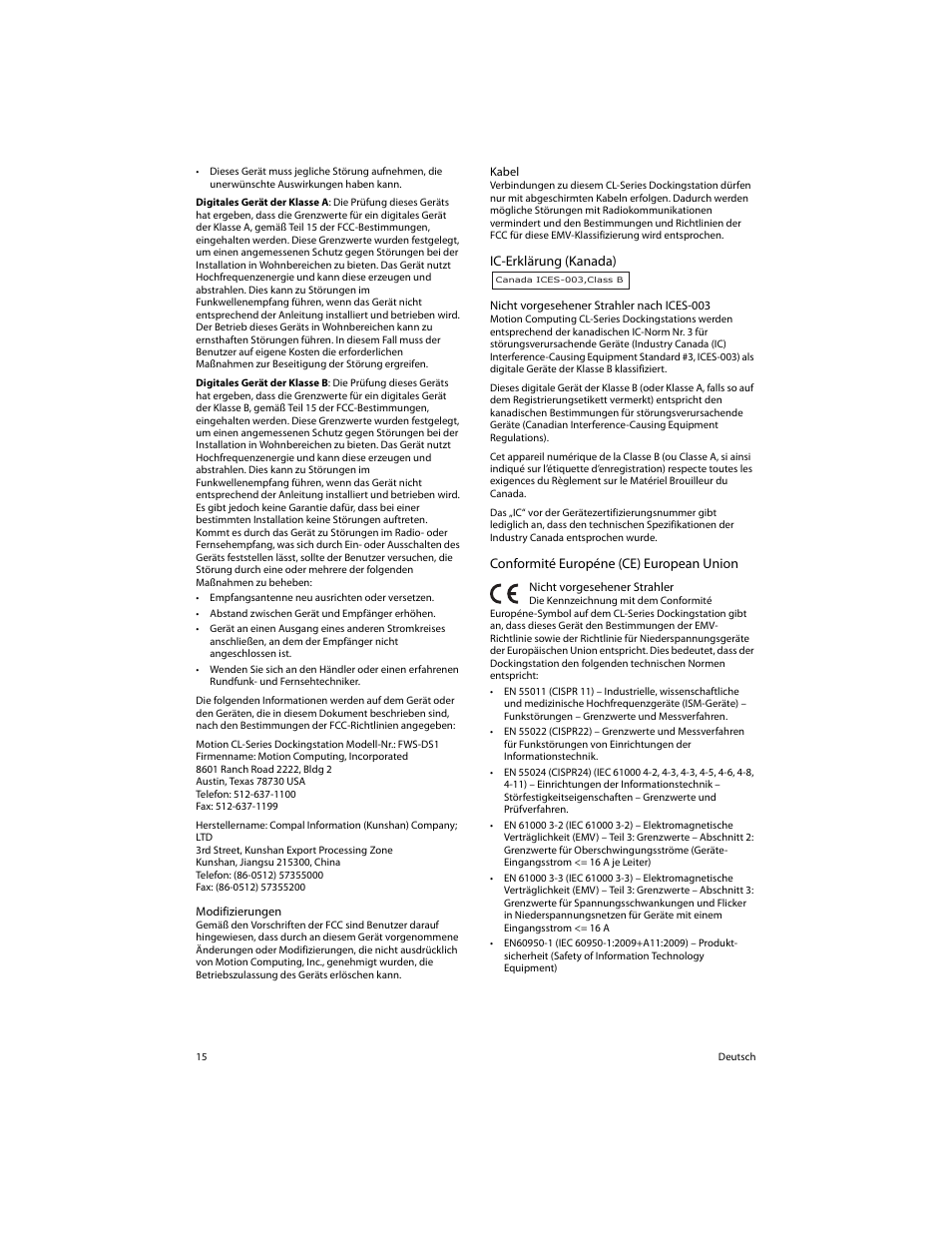 Ic-erklärung (kanada), Conformité européne (ce) european union | Motion Computing FWS-DS1 User Manual | Page 17 / 33