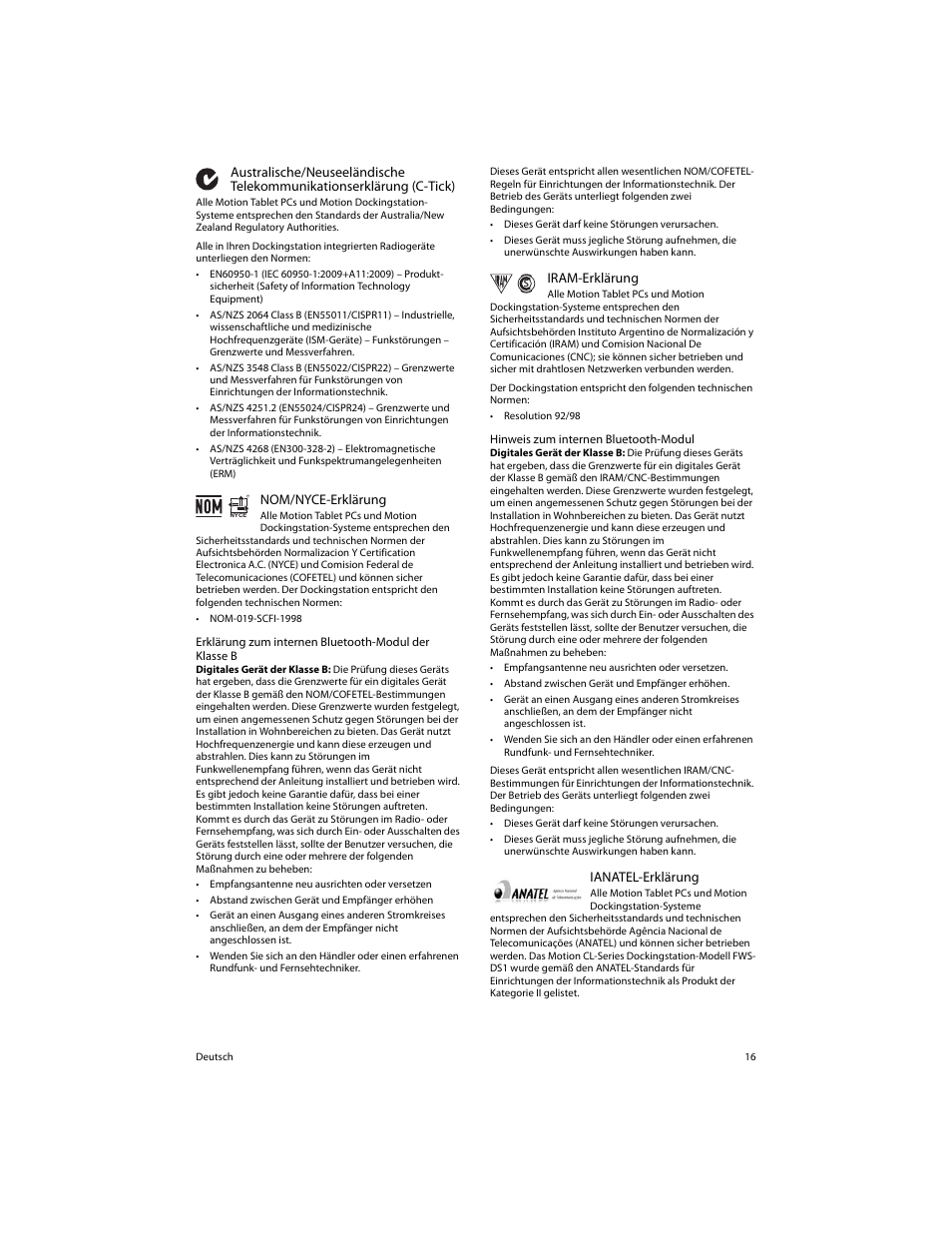 Nom/nyce-erklärung, Iram-erklärung, Ianatel-erklärung | Mr s repu b lica a r gen tin a | Motion Computing FWS-DS1 User Manual | Page 18 / 33