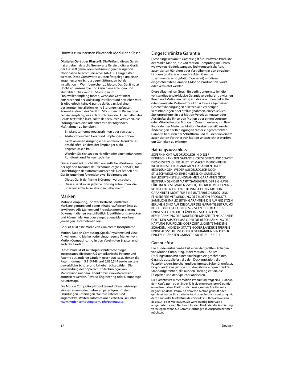 Marken, Eingeschränkte garantie, Marken eingeschränkte garantie | Motion Computing FWS-DS1 User Manual | Page 19 / 33