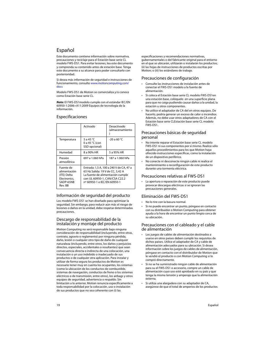 Español, Especificaciones, Información de seguridad del producto | Precauciones de configuración, Precauciones básicas de seguridad personal, Precauciones relativas al fws-ds1, Eliminación del fws-ds1 | Motion Computing FWS-DS1 User Manual | Page 21 / 33