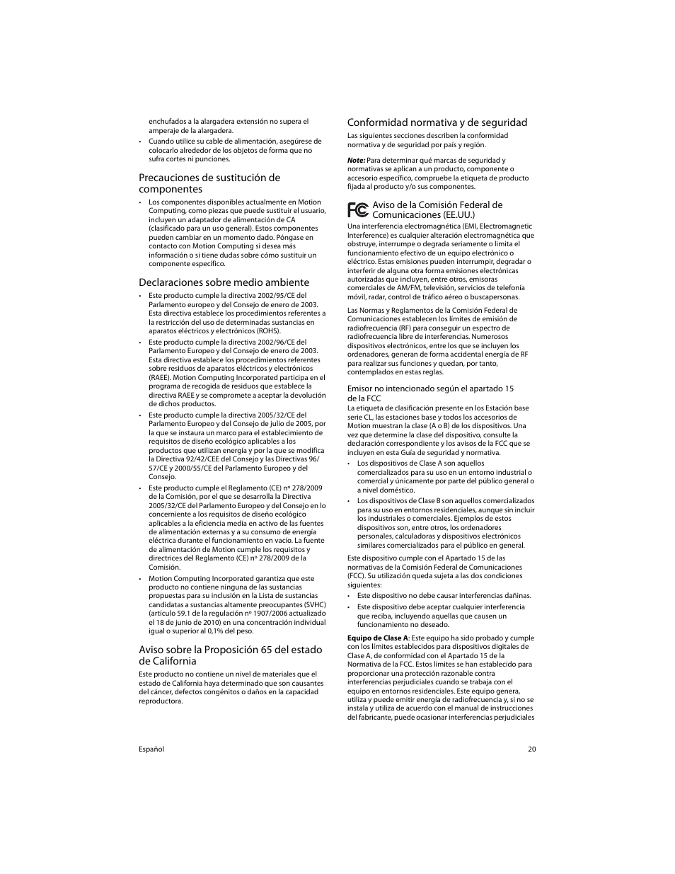 Precauciones de sustitución de componentes, Declaraciones sobre medio ambiente, Conformidad normativa y de seguridad | Motion Computing FWS-DS1 User Manual | Page 22 / 33
