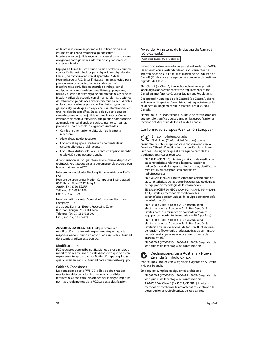 Conformidad europea (ce) (unión europea) | Motion Computing FWS-DS1 User Manual | Page 23 / 33