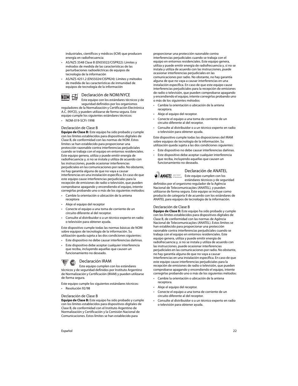 Declaración de nom/nyce, Declaración iram, Declaración de anatel | Mr s repu b lica a r gen tin a | Motion Computing FWS-DS1 User Manual | Page 24 / 33