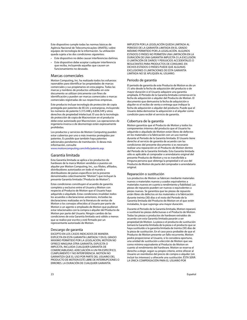 Marcas comerciales, Garantía limitada, Marcas comerciales garantía limitada | Motion Computing FWS-DS1 User Manual | Page 25 / 33