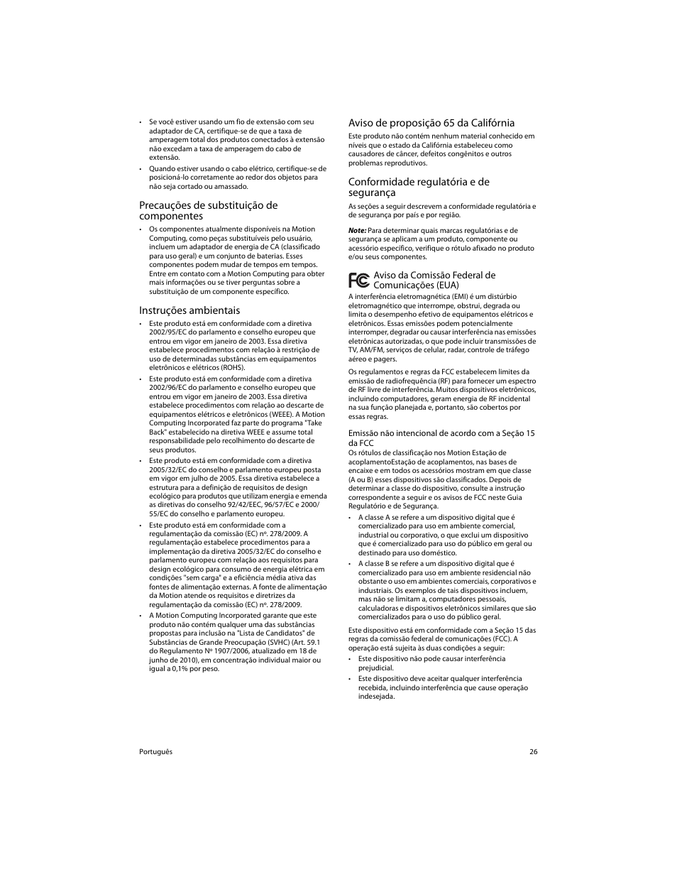 Precauções de substituição de componentes, Instruções ambientais, Aviso de proposição 65 da califórnia | Conformidade regulatória e de segurança | Motion Computing FWS-DS1 User Manual | Page 28 / 33