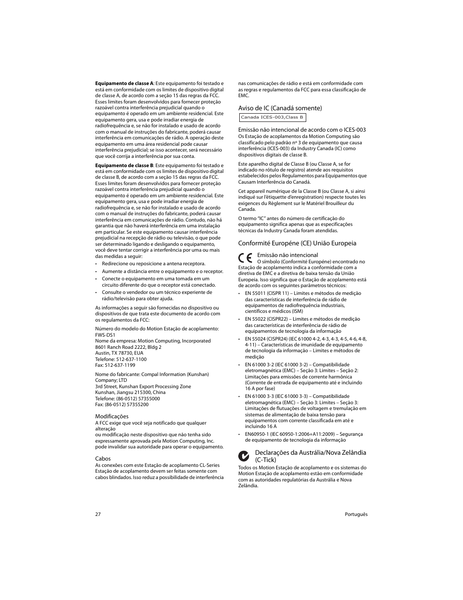 Aviso de ic (canadá somente), Conformité européne (ce) união europeia, Declarações da austrália/nova zelândia (c-tick) | Motion Computing FWS-DS1 User Manual | Page 29 / 33