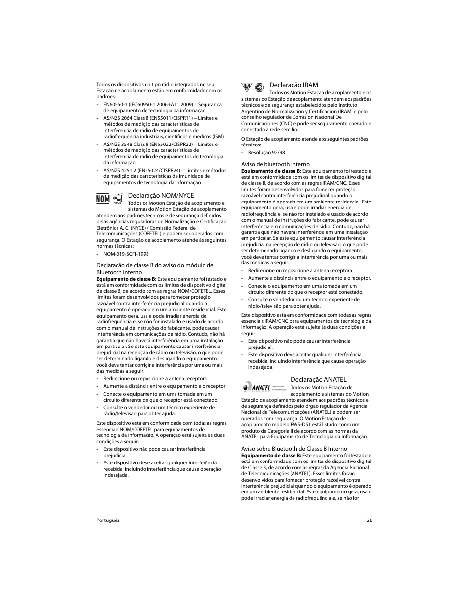 Declaração nom/nyce, Declaração iram, Declaração anatel | Mr s repu b lica a r gen tin a | Motion Computing FWS-DS1 User Manual | Page 30 / 33