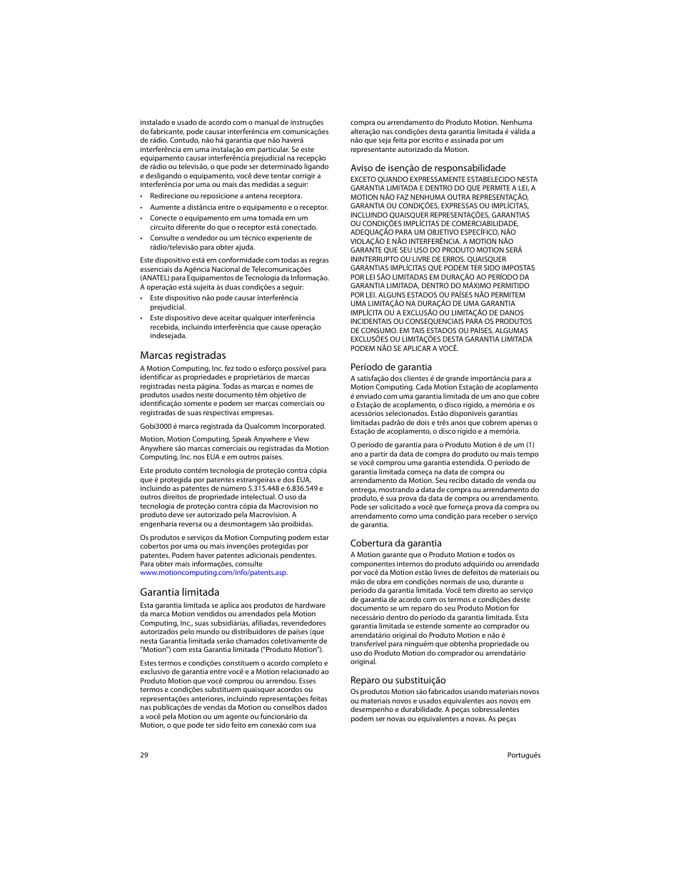 Marcas registradas, Garantia limitada, Marcas registradas garantia limitada | Motion Computing FWS-DS1 User Manual | Page 31 / 33