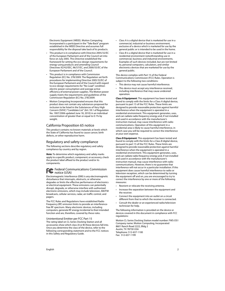 California proposition 65 notice, Regulatory and safety compliance, Federal communications commission notice (usa) | Motion Computing FWS-DS1 User Manual | Page 4 / 33