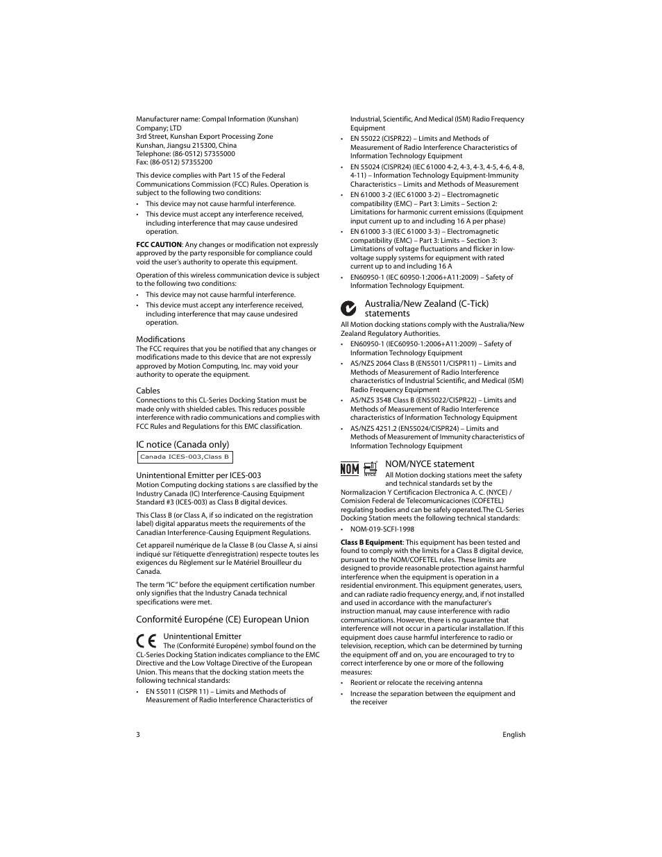 Ic notice (canada only), Conformité européne (ce) european union, Australia/new zealand (c-tick) statements | Nom/nyce statement | Motion Computing FWS-DS1 User Manual | Page 5 / 33