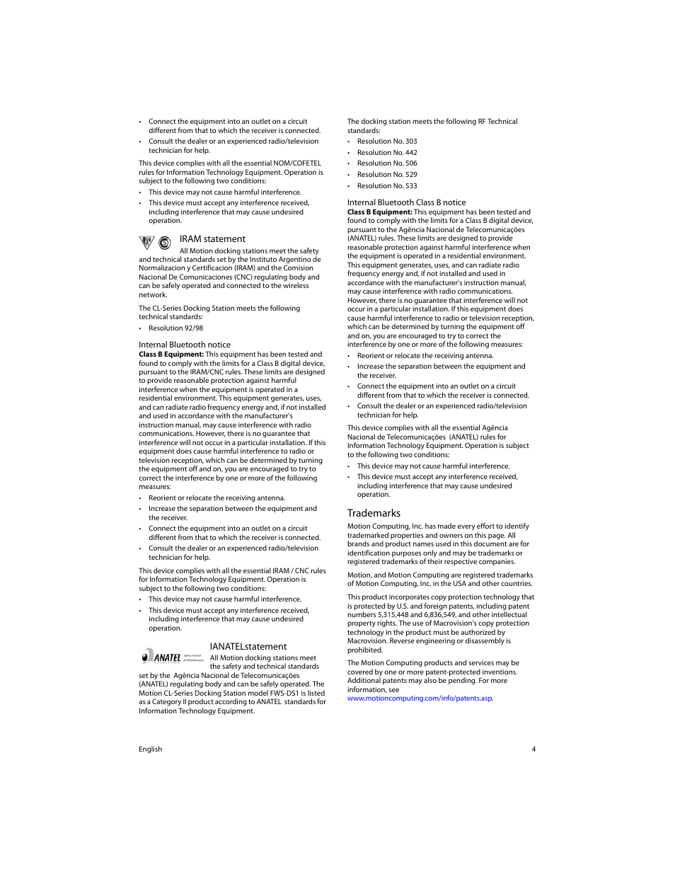 Trademarks, Iram statement, Ianatelstatement | Srepu b lica a r gen tin a | Motion Computing FWS-DS1 User Manual | Page 6 / 33