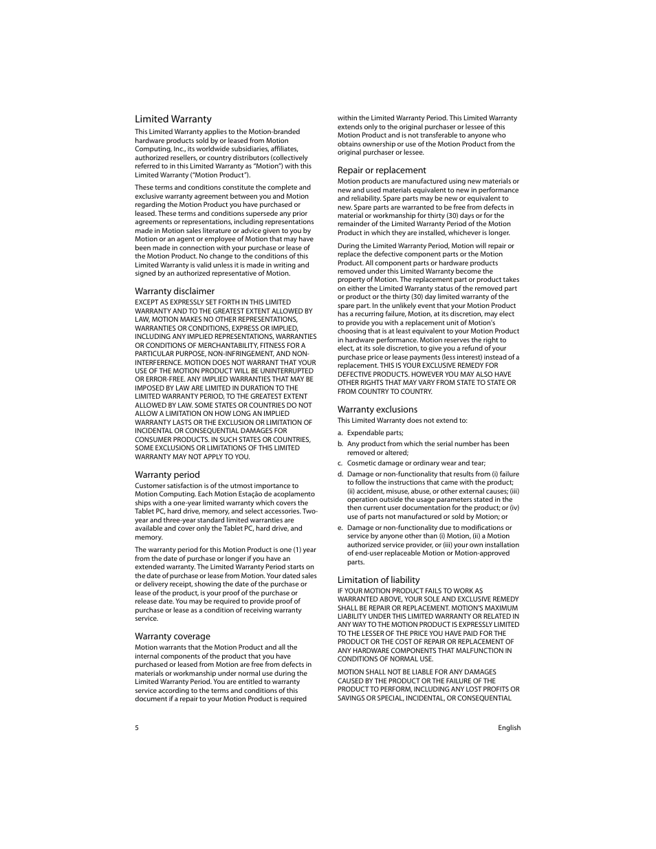 Limited warranty | Motion Computing FWS-DS1 User Manual | Page 7 / 33