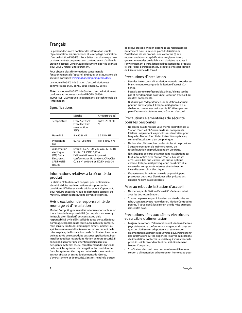 Français, Spécifications, Informations relatives à la sécurité du produit | Précautions d’installation, Mise au rebut de la station d’accueil | Motion Computing FWS-DS1 User Manual | Page 9 / 33