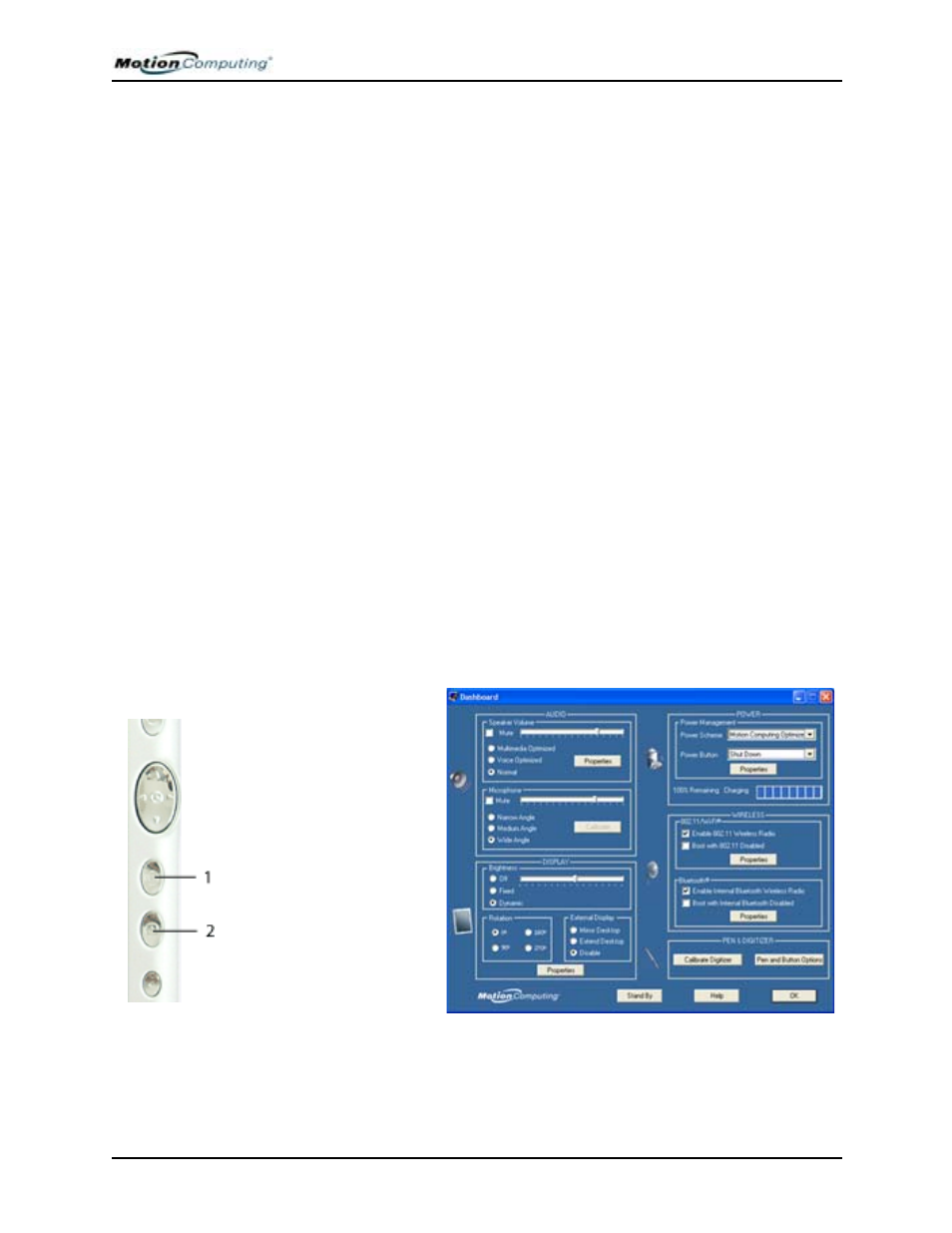 Motion application cd, Tablet pc software, Motion dashboard | Motion Computing M1400 User Manual | Page 29 / 105
