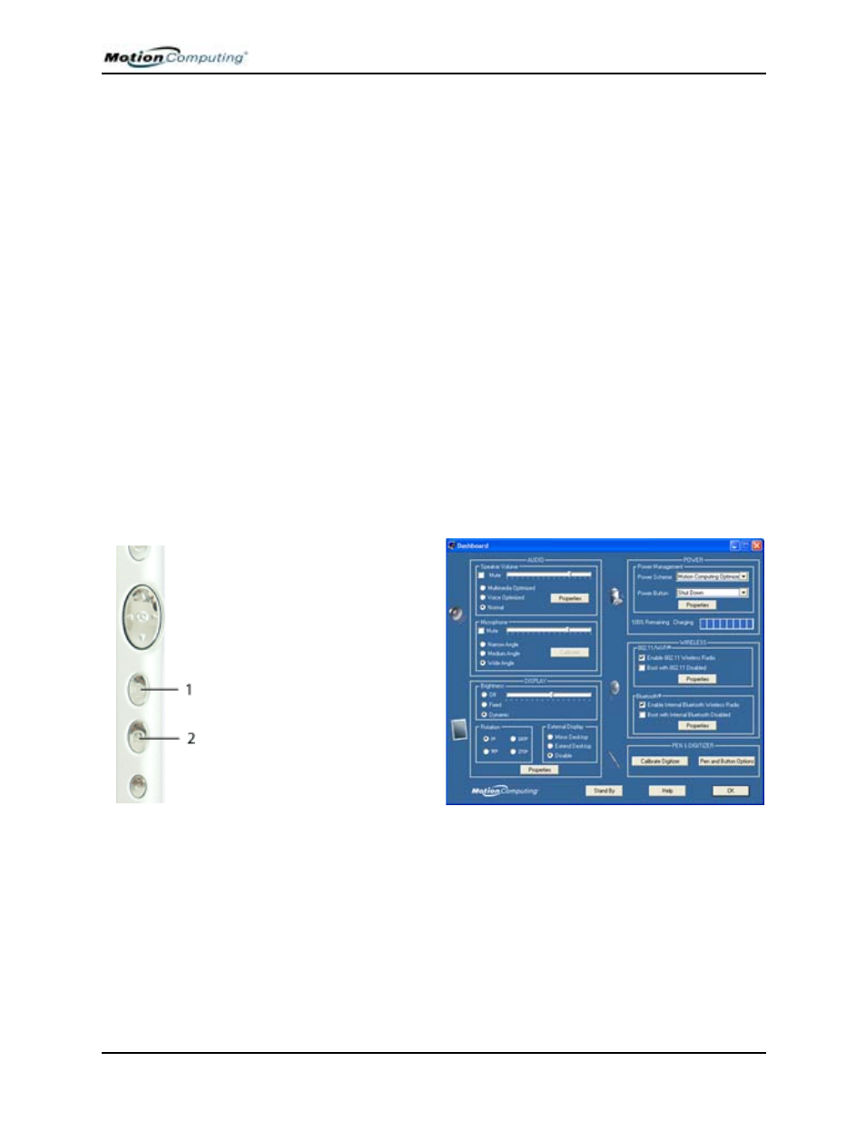 Turning your tablet pc off, Opening the motion dashboard, Conserving power with stand by or hibernate mode | Motion Computing M1400 User Manual | Page 38 / 105