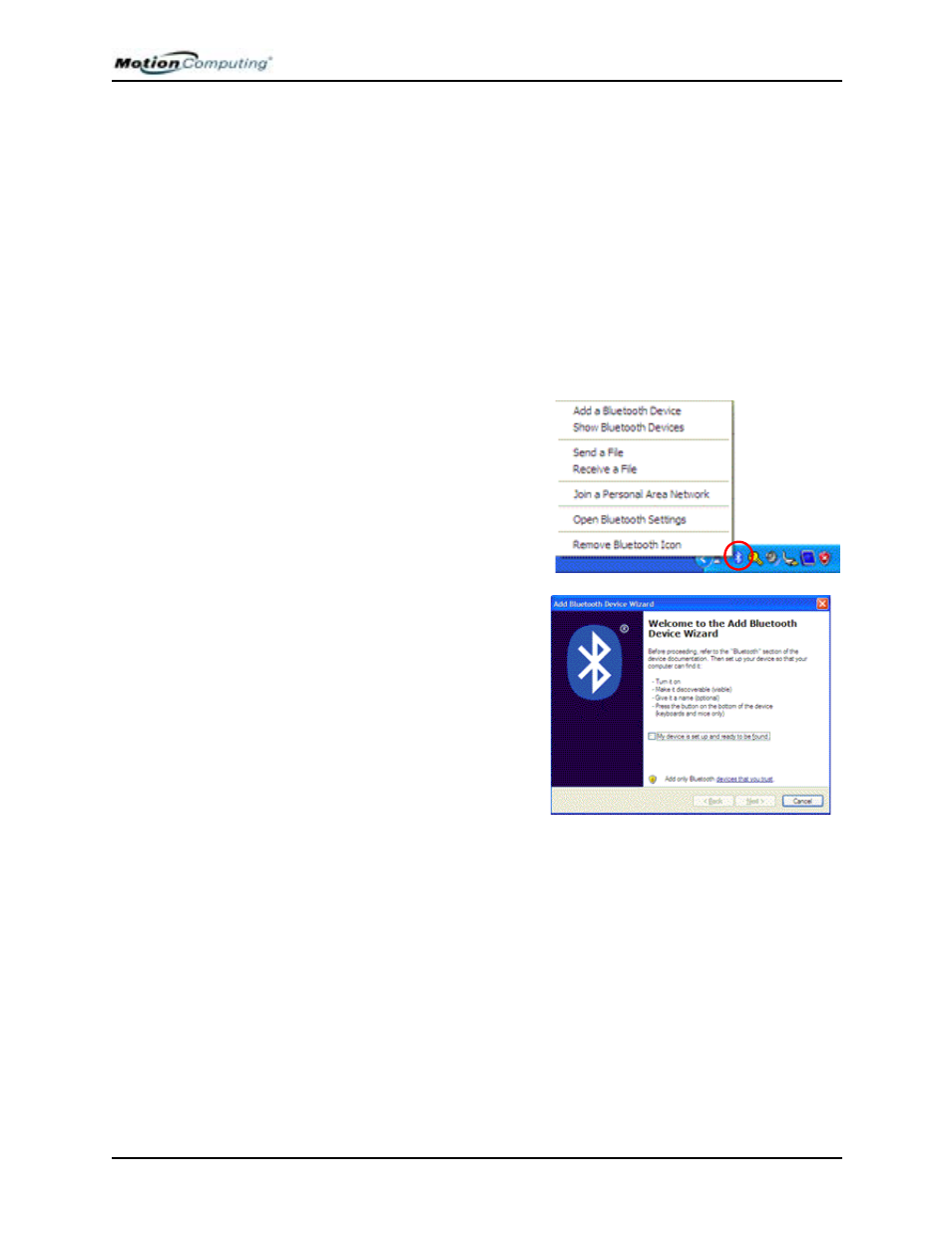 Start the bluetooth application, Make the device discoverable | Motion Computing M1400 User Manual | Page 63 / 105