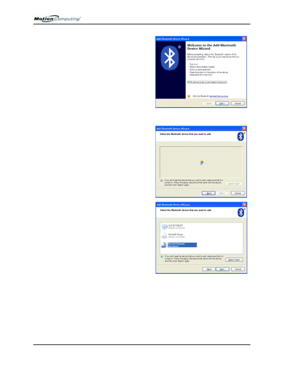 Add the bluetooth device | Motion Computing M1400 User Manual | Page 64 / 105